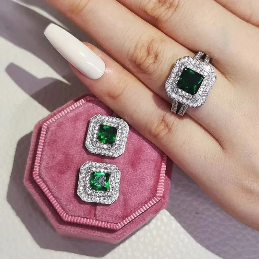 925 Sterling Silver Princess Cut Emerald Diamond Earring & Ring Jewelry Set